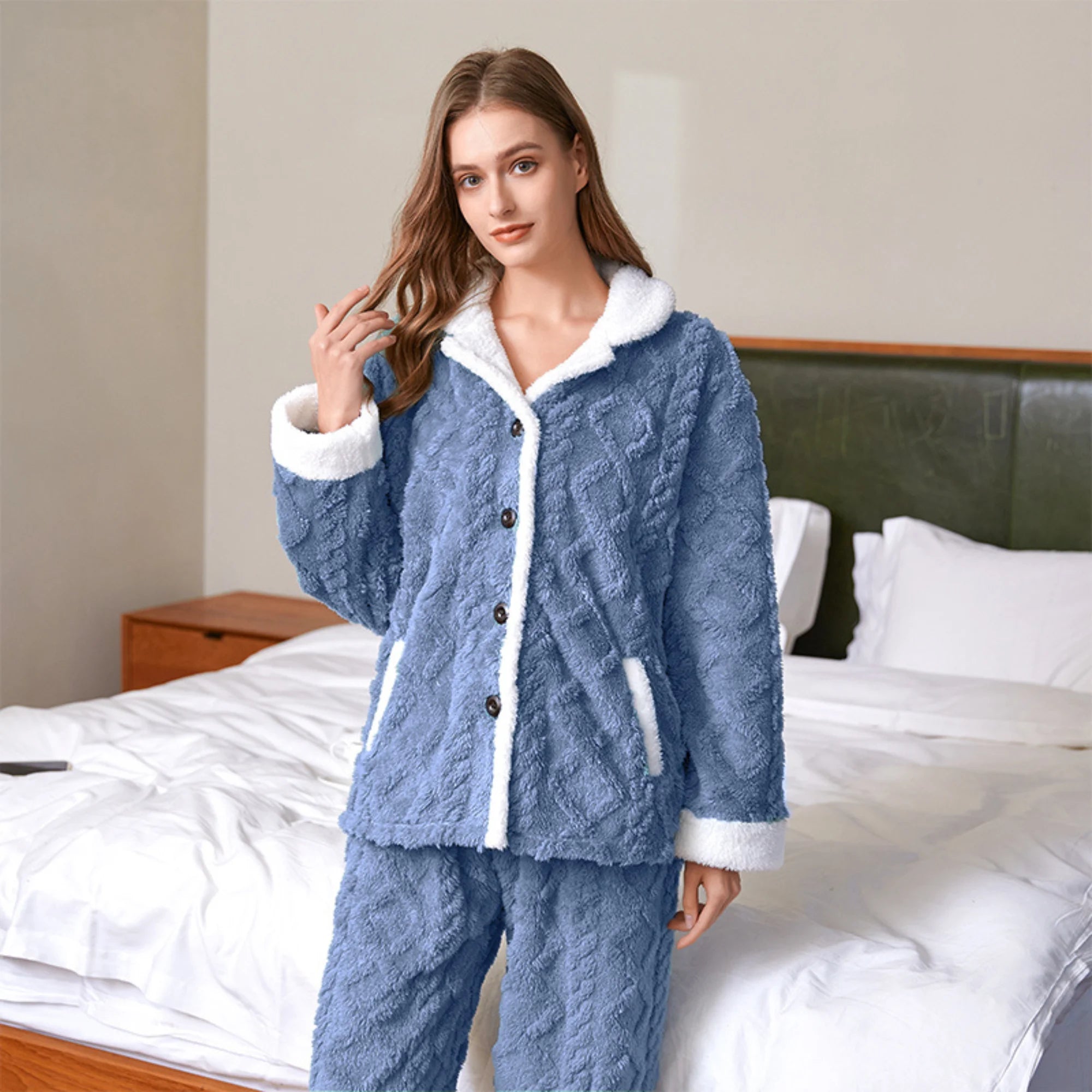 Veste pyjama pilou zippée col montant bleu canard femme