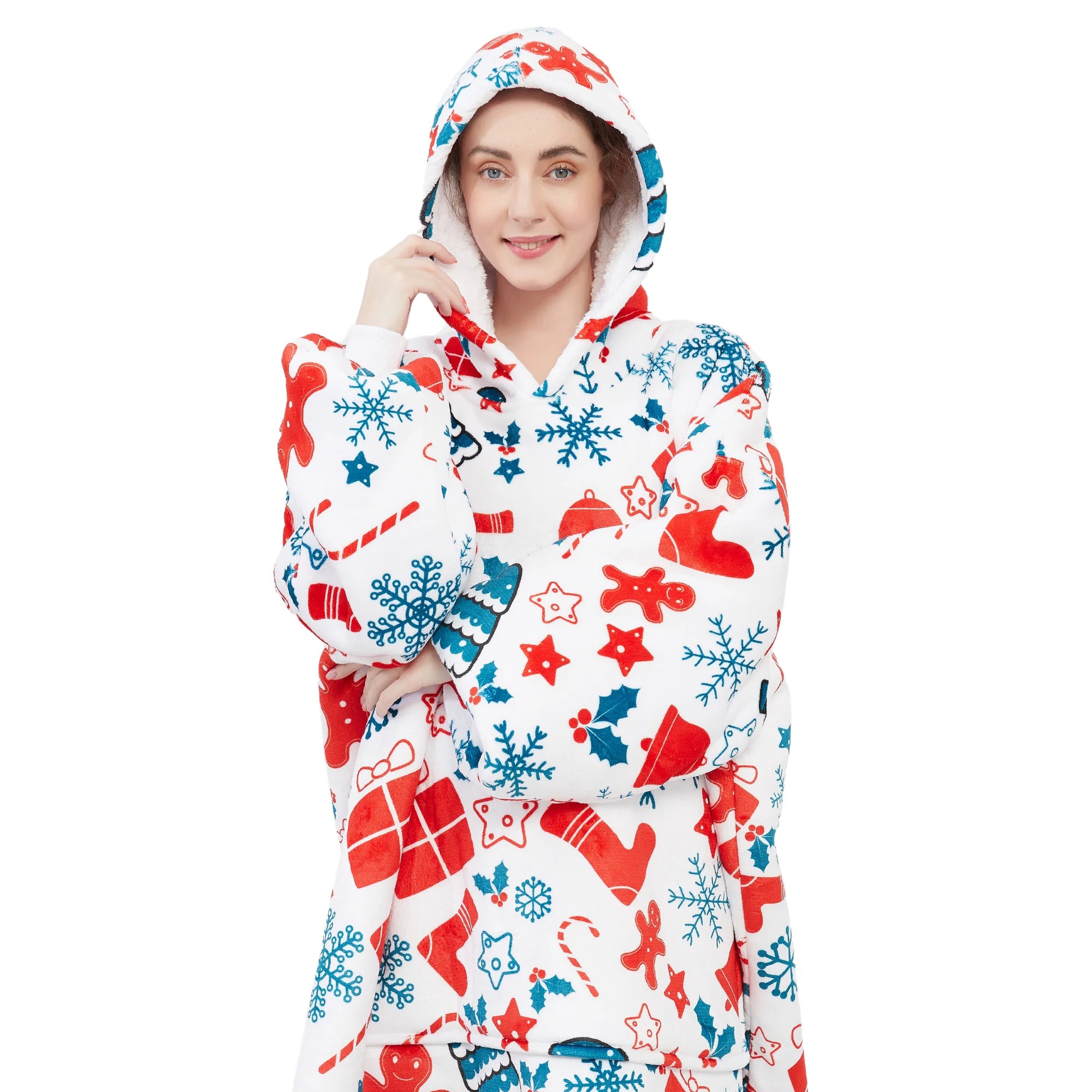 Couverture à capuche surdimensionnée avec manches Sweatshirt Plaid Hiver  Polaire Hoody Femmes Pocket Femme Sweat à capuche Femme Noël