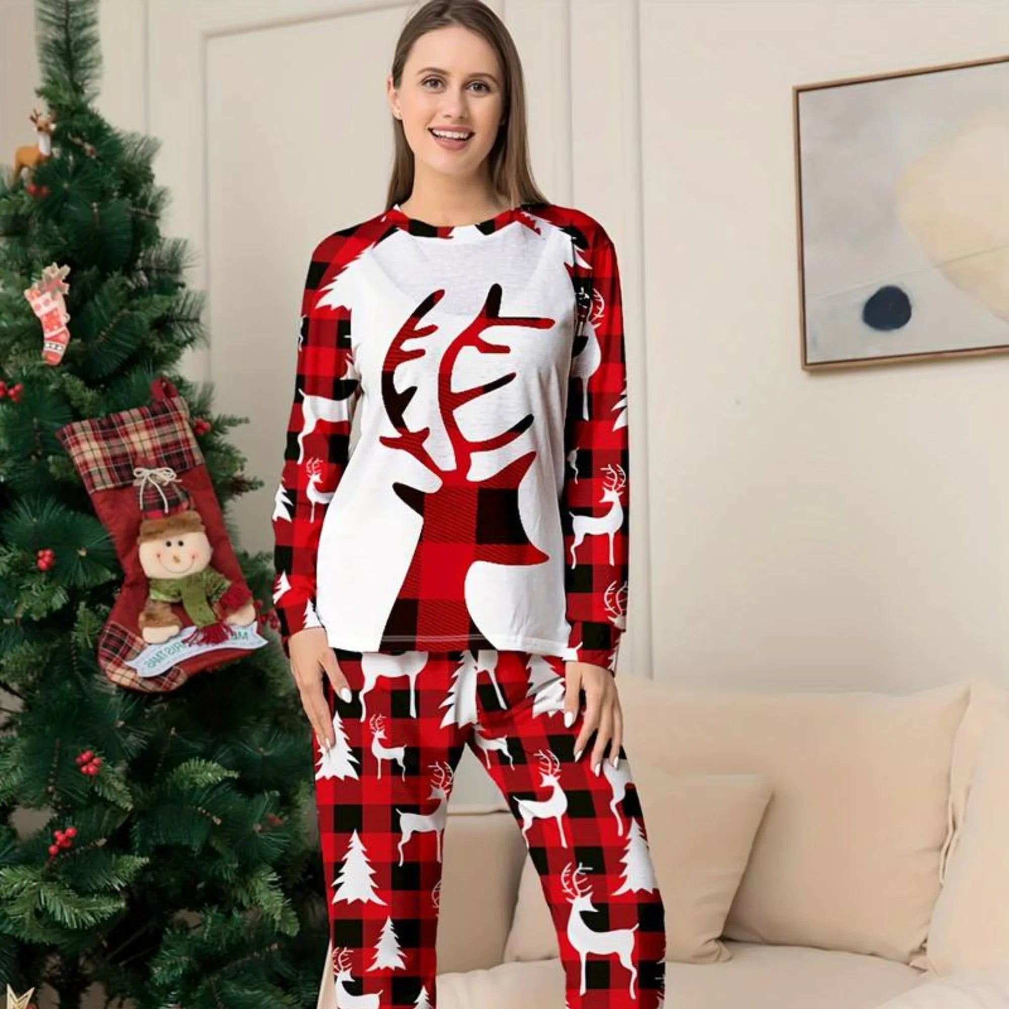 pyjama de noel femme manches longues Renne Rouge Noir