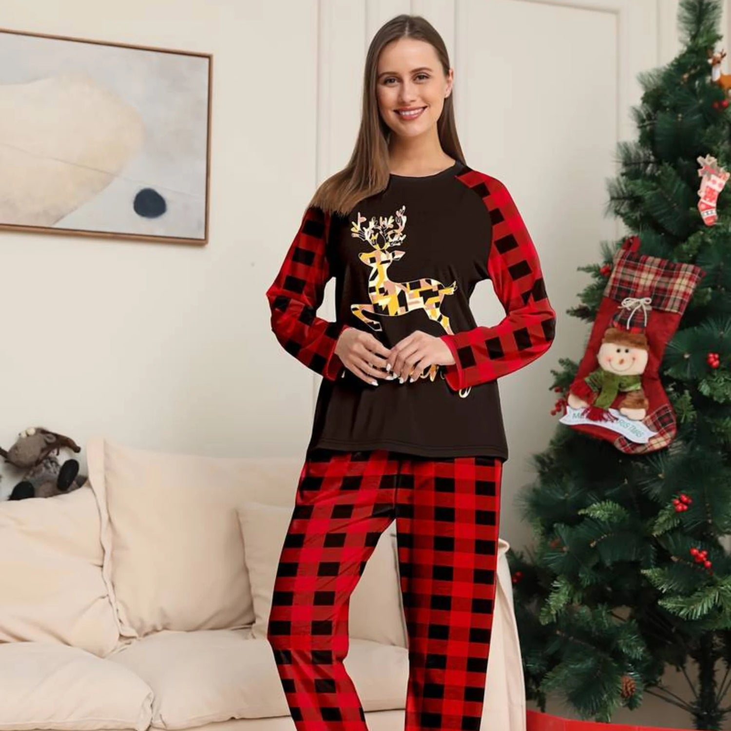 pyjama de noel femme rouge noir Renne en mosaique