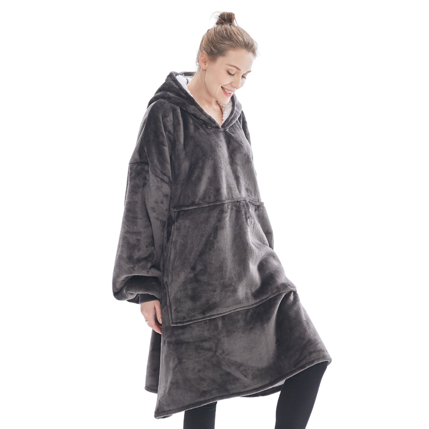 The Oversized Hoodie® grey woman hood large central pocket 